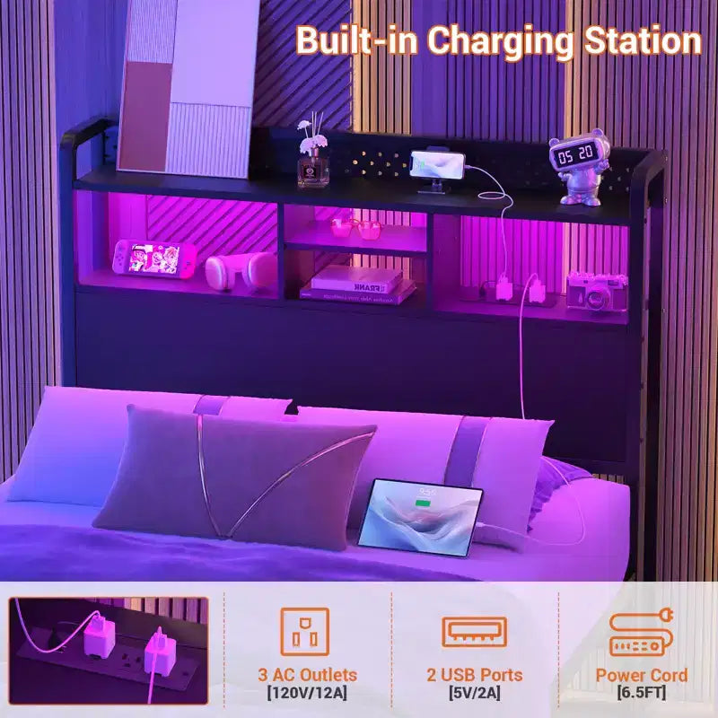 Besiost Storage Headboard with Led Lights & Charging Station