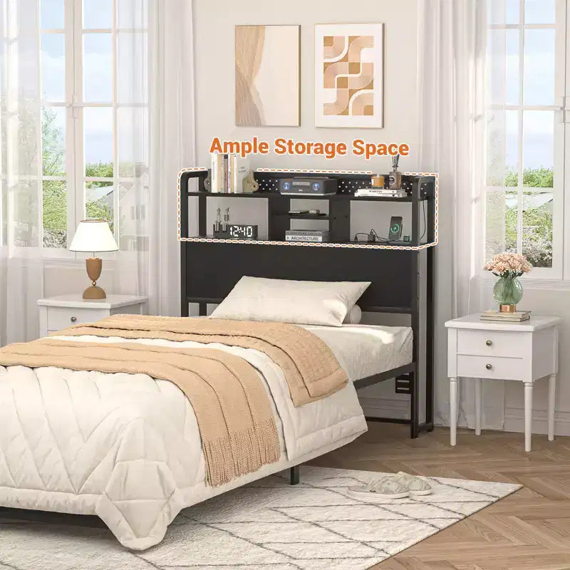 Besiost Storage Headboard with Led Lights & Charging Station