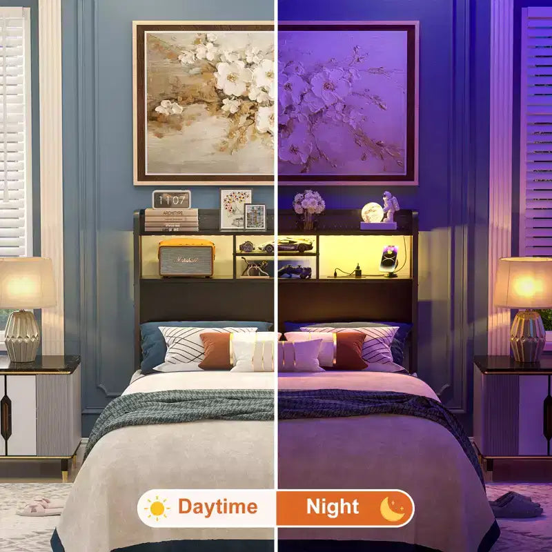 Besiost Storage Headboard with Led Lights & Charging Station