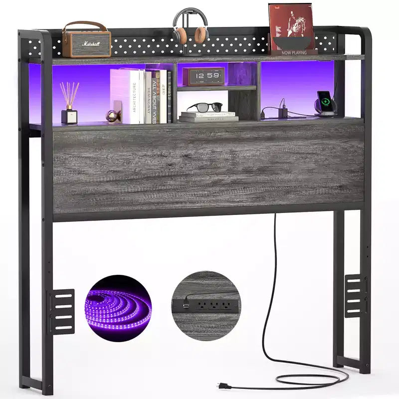Besiost Storage Headboard with Led Lights & Charging Station