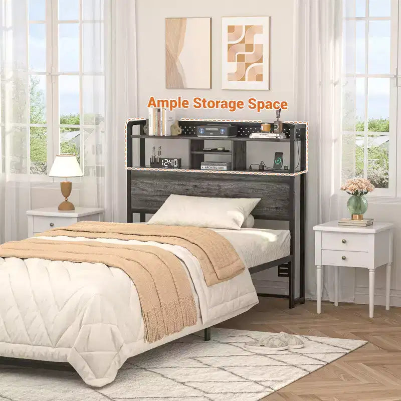 Besiost Storage Headboard with Led Lights & Charging Station