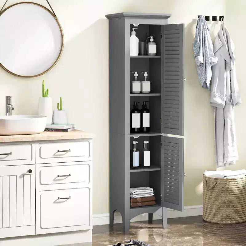 Costway 63 Tall Bathroom Cabinet with 2 Louvered Doors & Adjustable Shelf, Elevated Legs Gray/Black/White/Brown