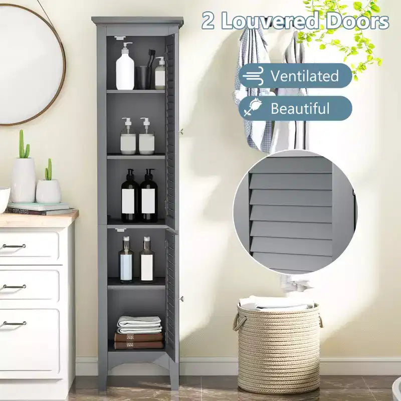 Costway 63 Tall Bathroom Cabinet with 2 Louvered Doors & Adjustable Shelf, Elevated Legs Gray/Black/White/Brown