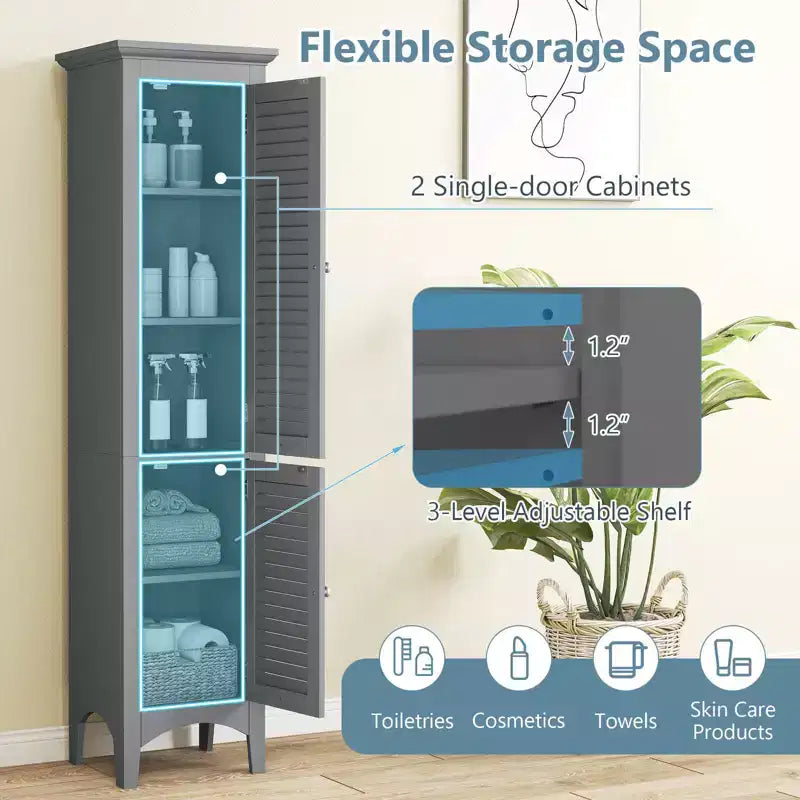Costway 63 Tall Bathroom Cabinet with 2 Louvered Doors & Adjustable Shelf, Elevated Legs Gray/Black/White/Brown