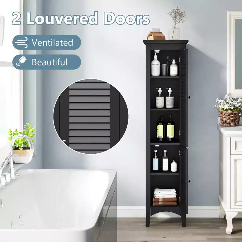 Costway 63 Tall Bathroom Cabinet with 2 Louvered Doors & Adjustable Shelf, Elevated Legs Gray/Black/White/Brown