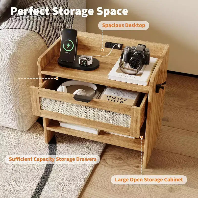 Rattan Nightstand, Bedside Table,1 Storage Drawer & Open Storage Space, Boho End Table Side Table for Bedroom Living Room Office, Large Night Stand