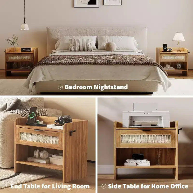 Rattan Nightstand, Bedside Table,1 Storage Drawer & Open Storage Space, Boho End Table Side Table for Bedroom Living Room Office, Large Night Stand