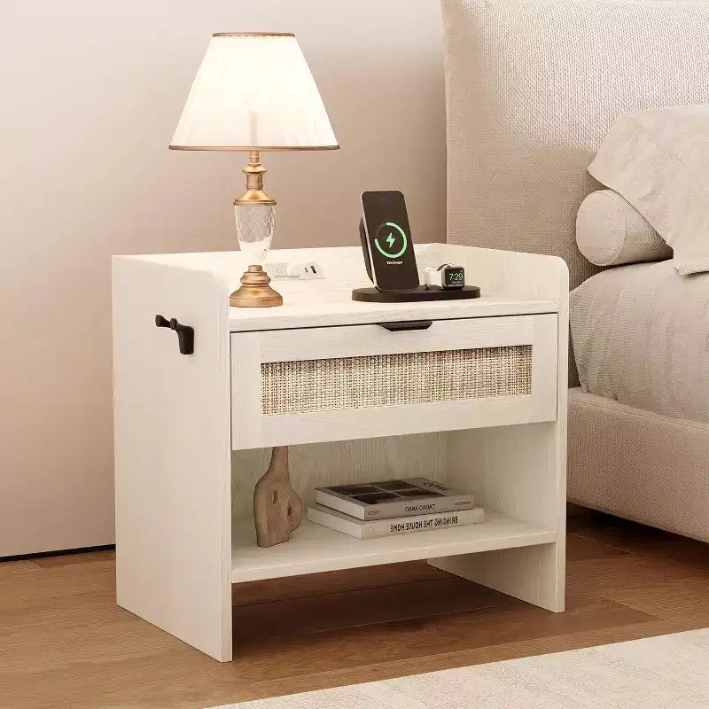 Rattan Nightstand, Bedside Table,1 Storage Drawer & Open Storage Space, Boho End Table Side Table for Bedroom Living Room Office, Large Night Stand