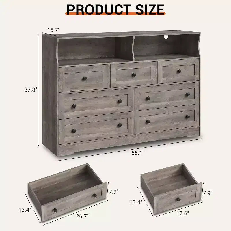 Acekool 7-Drawer Dresser with Charging Station, Modern Chest with Open Compartments, App Lighting, Storage Organizer for Bedroom & Closet
