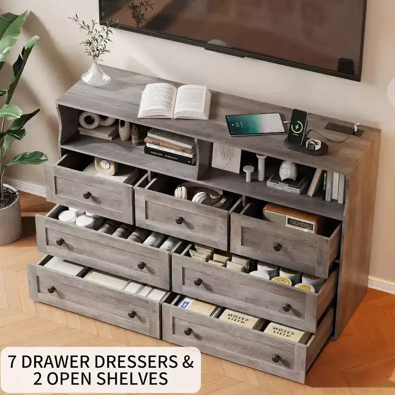 Acekool 7-Drawer Dresser with Charging Station, Modern Chest with Open Compartments, App Lighting, Storage Organizer for Bedroom & Closet