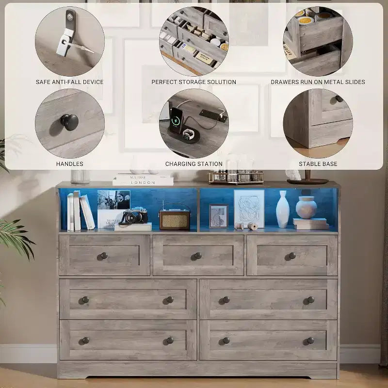 Acekool 7-Drawer Dresser with Charging Station, Modern Chest with Open Compartments, App Lighting, Storage Organizer for Bedroom & Closet