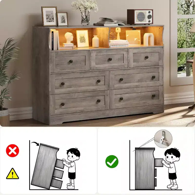 Acekool 7-Drawer Dresser with Charging Station, Modern Chest with Open Compartments, App Lighting, Storage Organizer for Bedroom & Closet