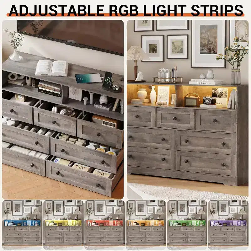 Acekool 7-Drawer Dresser with Charging Station, Modern Chest with Open Compartments, App Lighting, Storage Organizer for Bedroom & Closet