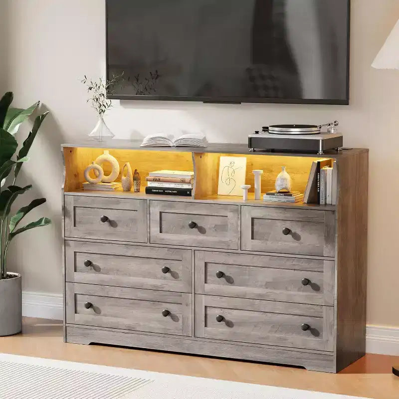 Acekool 7-Drawer Dresser with Charging Station, Modern Chest with Open Compartments, App Lighting, Storage Organizer for Bedroom & Closet