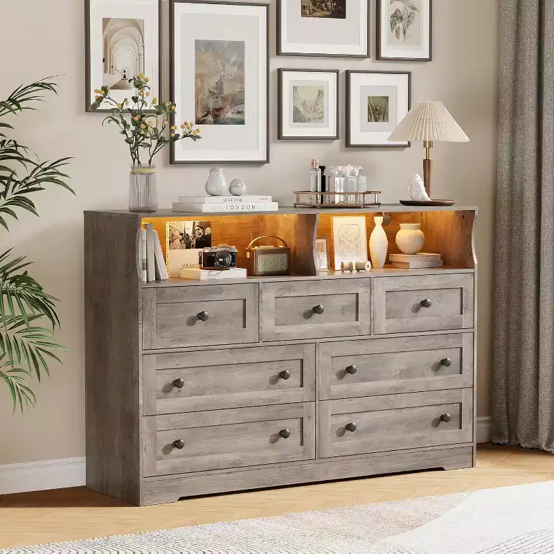 Acekool 7-Drawer Dresser with Charging Station, Modern Chest with Open Compartments, App Lighting, Storage Organizer for Bedroom & Closet