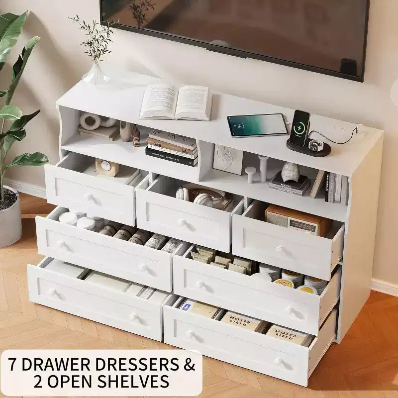 Acekool 7-Drawer Dresser with Charging Station, Modern Chest with Open Compartments, App Lighting, Storage Organizer for Bedroom & Closet