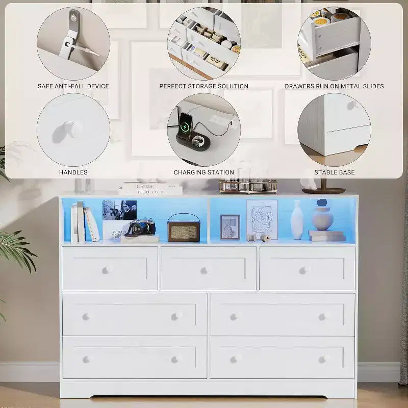 Acekool 7-Drawer Dresser with Charging Station, Modern Chest with Open Compartments, App Lighting, Storage Organizer for Bedroom & Closet
