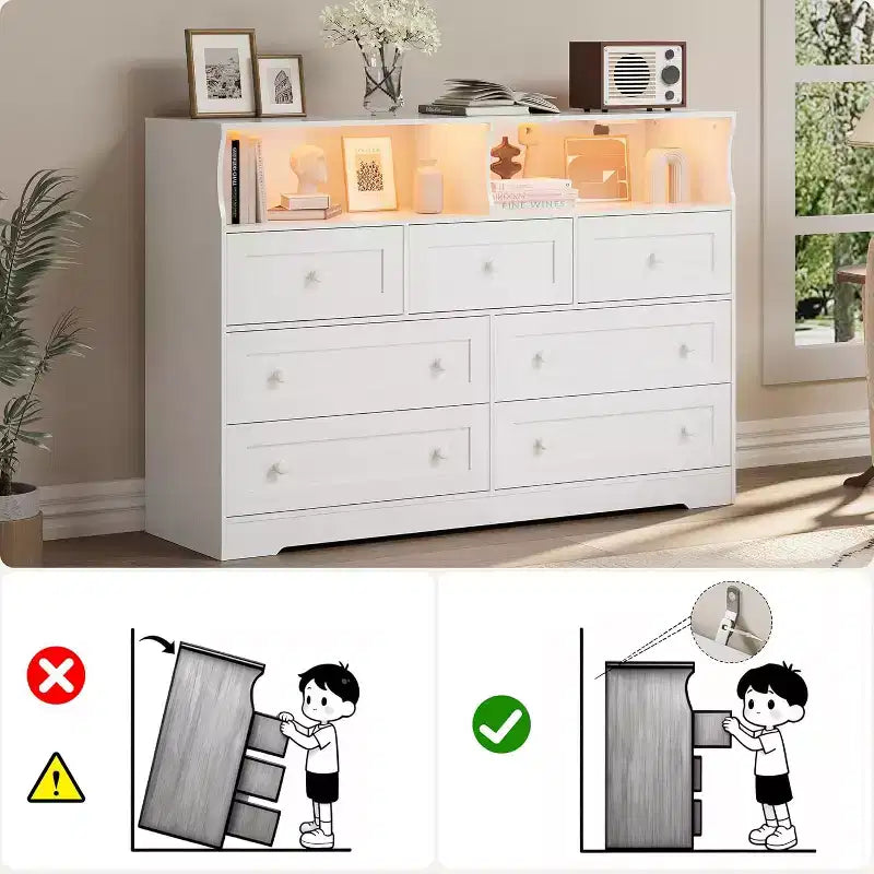 Acekool 7-Drawer Dresser with Charging Station, Modern Chest with Open Compartments, App Lighting, Storage Organizer for Bedroom & Closet