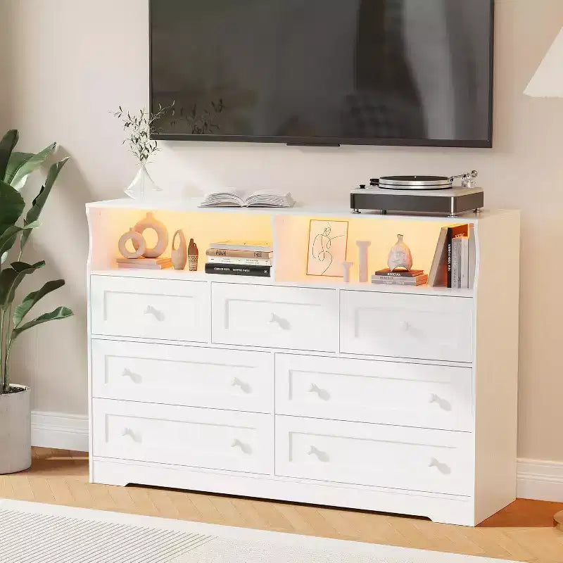 Acekool 7-Drawer Dresser with Charging Station, Modern Chest with Open Compartments, App Lighting, Storage Organizer for Bedroom & Closet