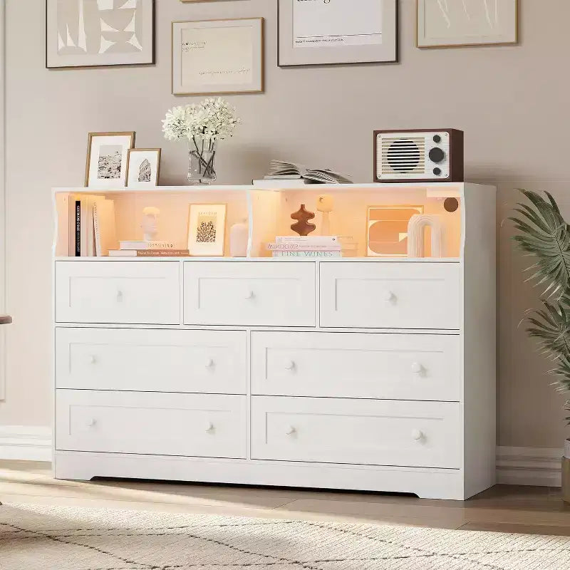 Acekool 7-Drawer Dresser with Charging Station, Modern Chest with Open Compartments, App Lighting, Storage Organizer for Bedroom & Closet
