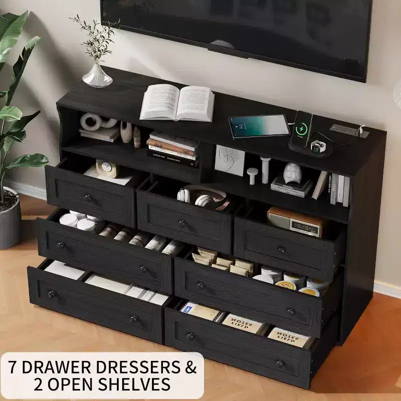 Acekool 7-Drawer Dresser with Charging Station, Modern Chest with Open Compartments, App Lighting, Storage Organizer for Bedroom & Closet