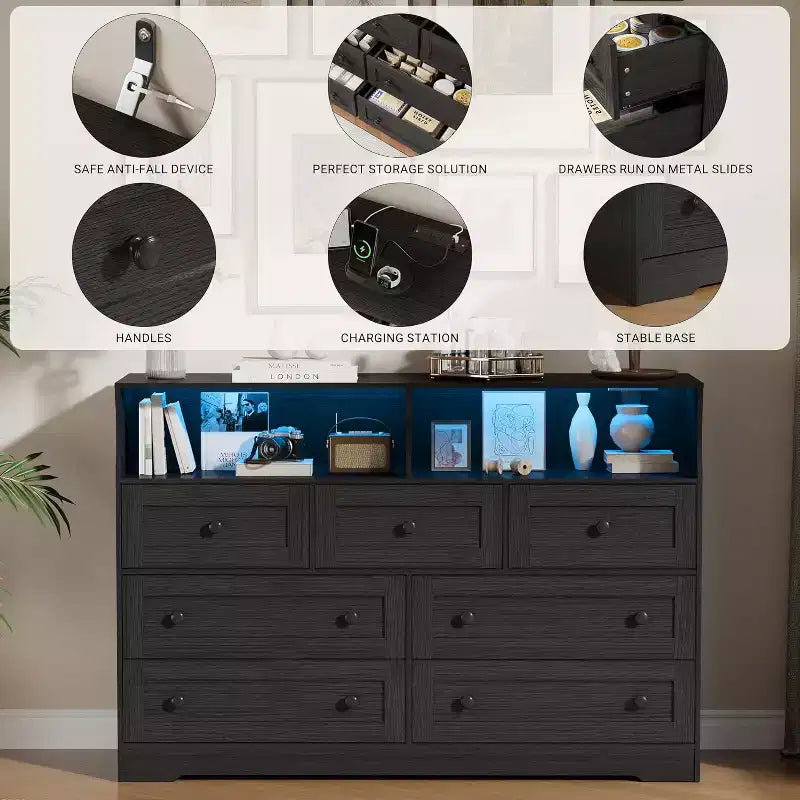 Acekool 7-Drawer Dresser with Charging Station, Modern Chest with Open Compartments, App Lighting, Storage Organizer for Bedroom & Closet