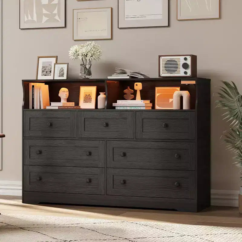 Acekool 7-Drawer Dresser with Charging Station, Modern Chest with Open Compartments, App Lighting, Storage Organizer for Bedroom & Closet