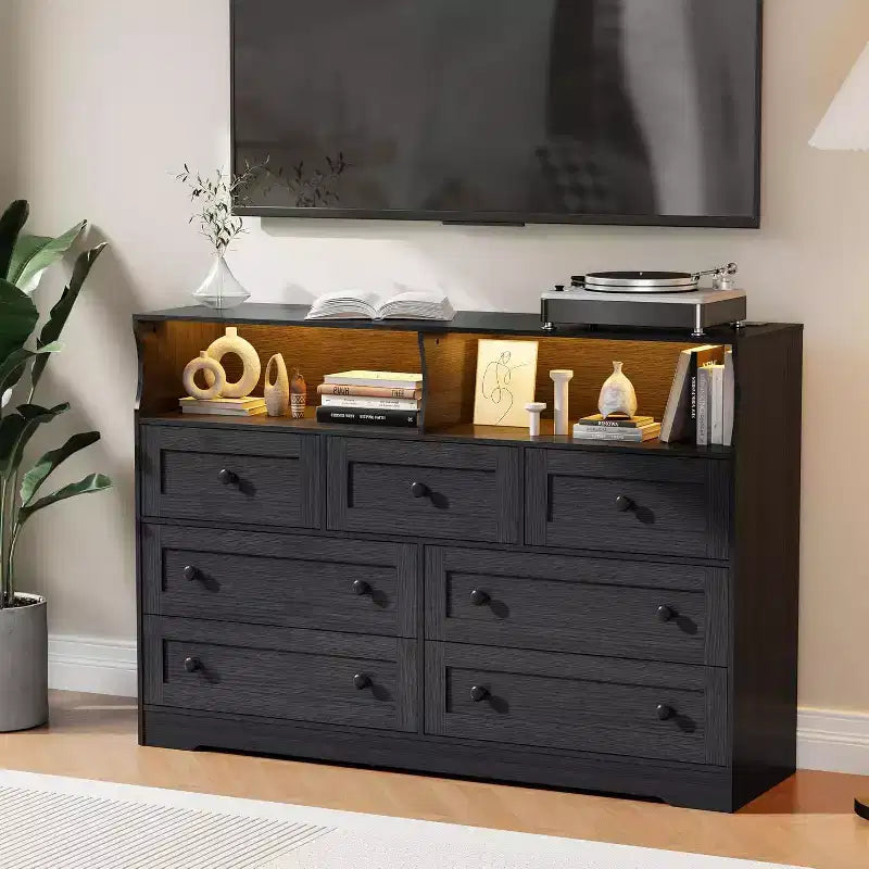 Acekool 7-Drawer Dresser with Charging Station, Modern Chest with Open Compartments, App Lighting, Storage Organizer for Bedroom & Closet