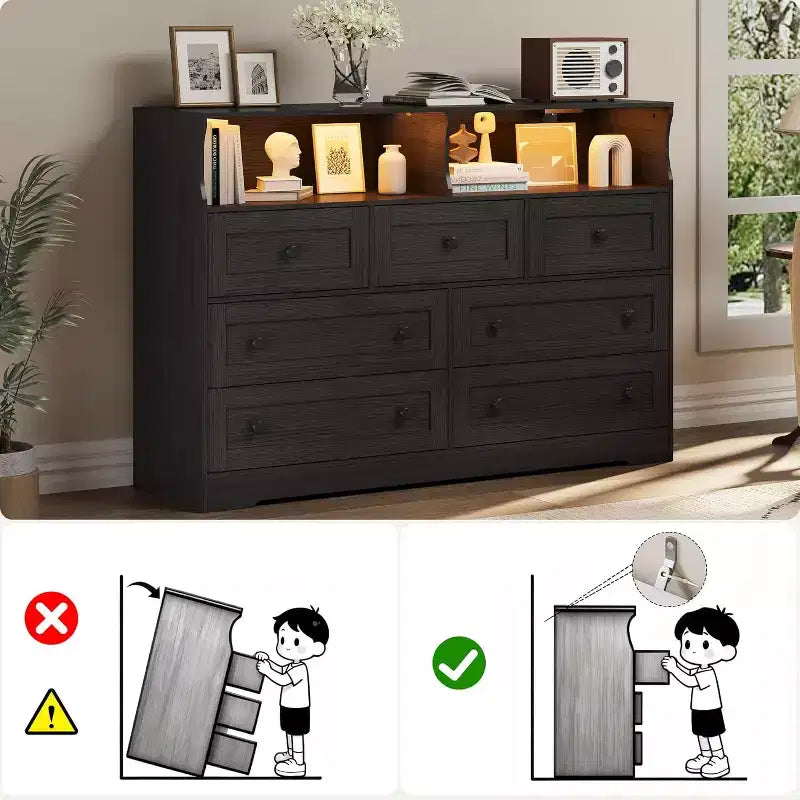 Acekool 7-Drawer Dresser with Charging Station, Modern Chest with Open Compartments, App Lighting, Storage Organizer for Bedroom & Closet