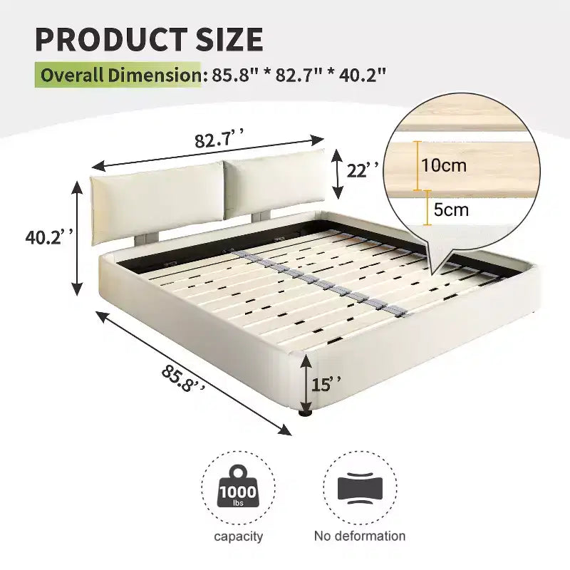 Whisen King Size Cloud Bed Frame, Chenille Upholstered Bed with Oversized Padded Movable Headboard, Round Corner