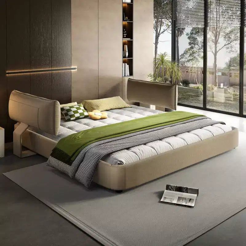 Whisen King Size Cloud Bed Frame, Chenille Upholstered Bed with Oversized Padded Movable Headboard, Round Corner