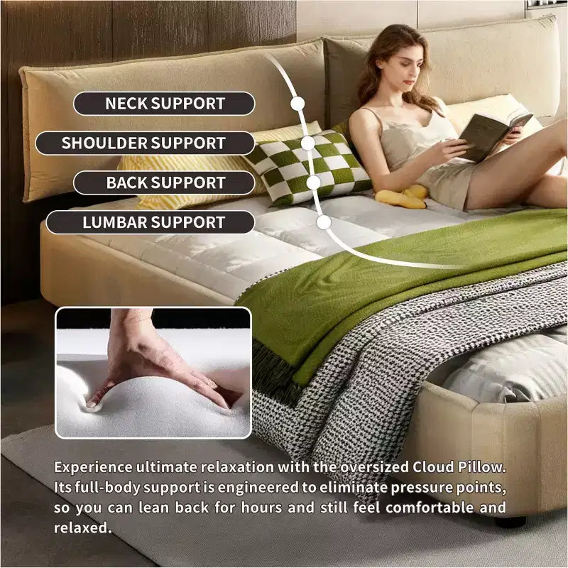 Whisen King Size Cloud Bed Frame, Chenille Upholstered Bed with Oversized Padded Movable Headboard, Round Corner