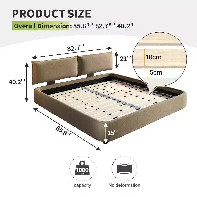 Whisen King Size Cloud Bed Frame, Chenille Upholstered Bed with Oversized Padded Movable Headboard, Round Corner