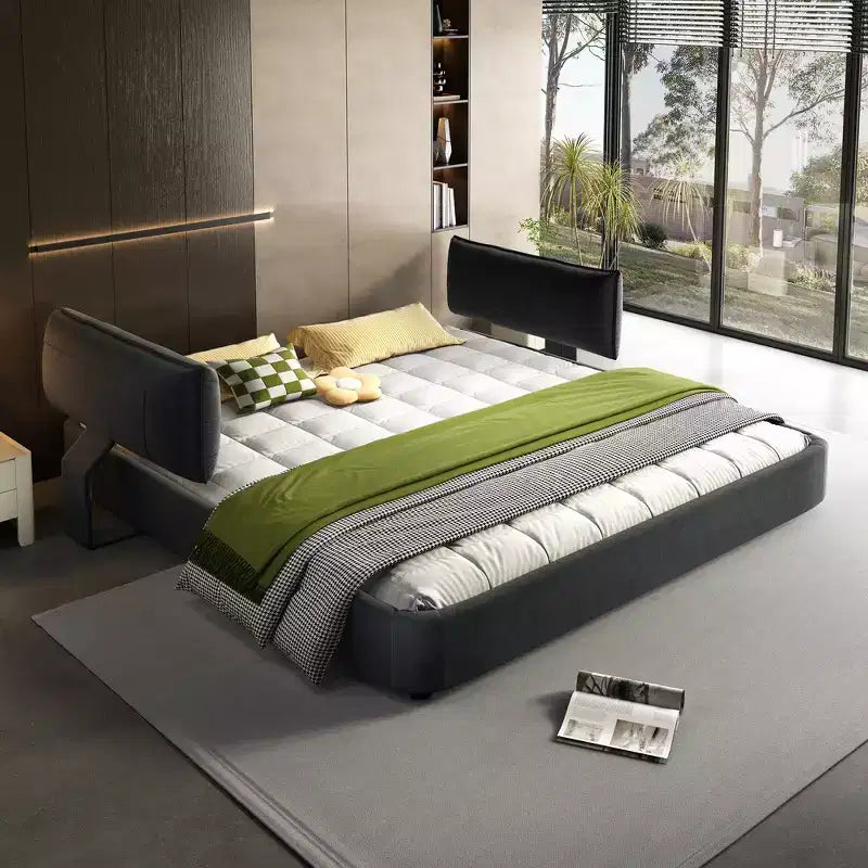 Whisen King Size Cloud Bed Frame, Chenille Upholstered Bed with Oversized Padded Movable Headboard, Round Corner