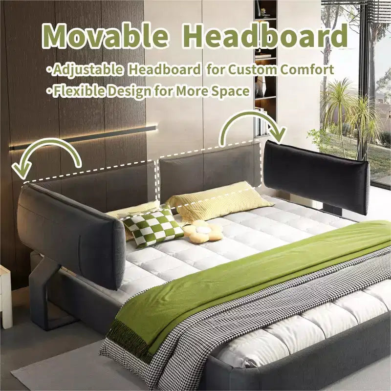 Whisen King Size Cloud Bed Frame, Chenille Upholstered Bed with Oversized Padded Movable Headboard, Round Corner