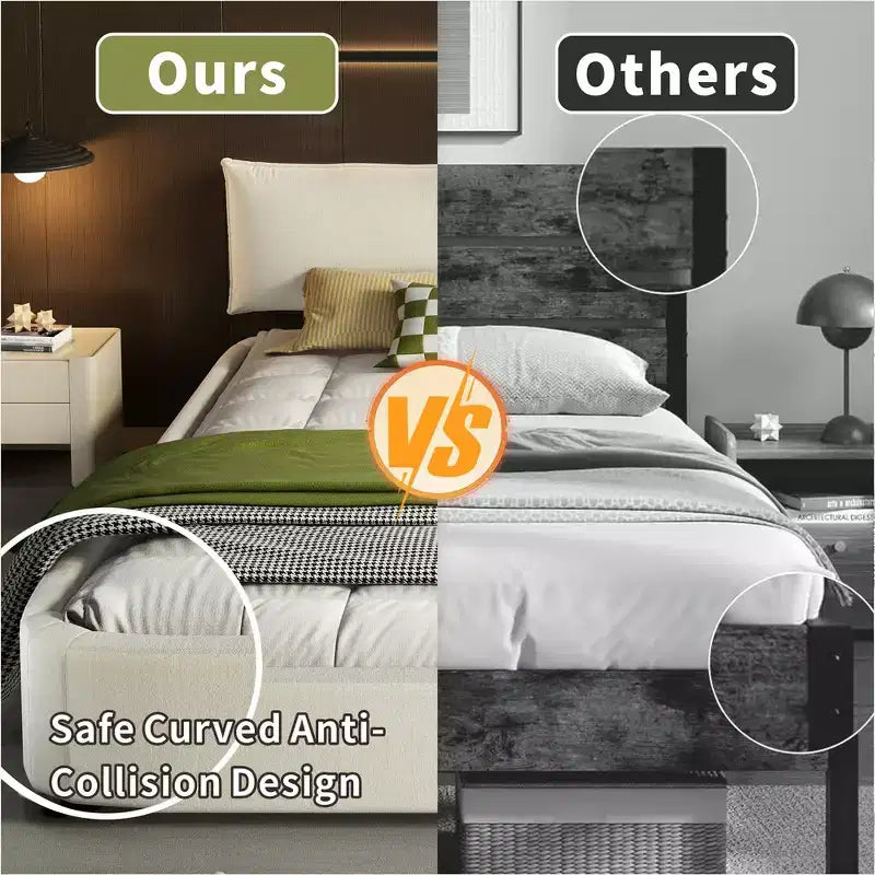 Whisen King Size Cloud Bed Frame, Chenille Upholstered Bed with Oversized Padded Movable Headboard, Round Corner