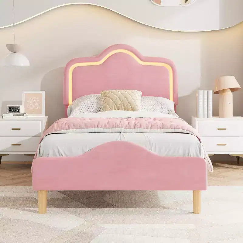Twin Size Bed Frame withHeadboard and Footboard, Velvet Upholstered Princess Platform Bedframe for Kids/Girls, Pink