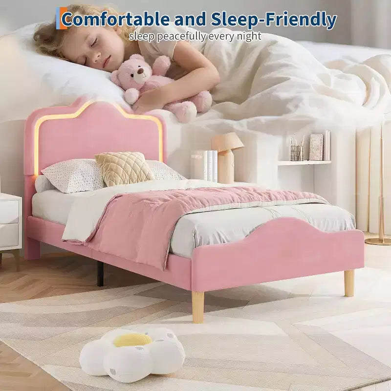 Twin Size Bed Frame withHeadboard and Footboard, Velvet Upholstered Princess Platform Bedframe for Kids/Girls, Pink