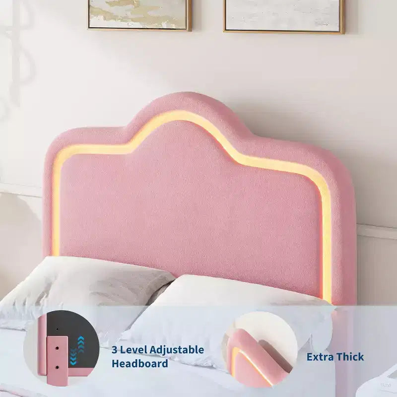Twin Size Bed Frame withHeadboard and Footboard, Velvet Upholstered Princess Platform Bedframe for Kids/Girls, Pink