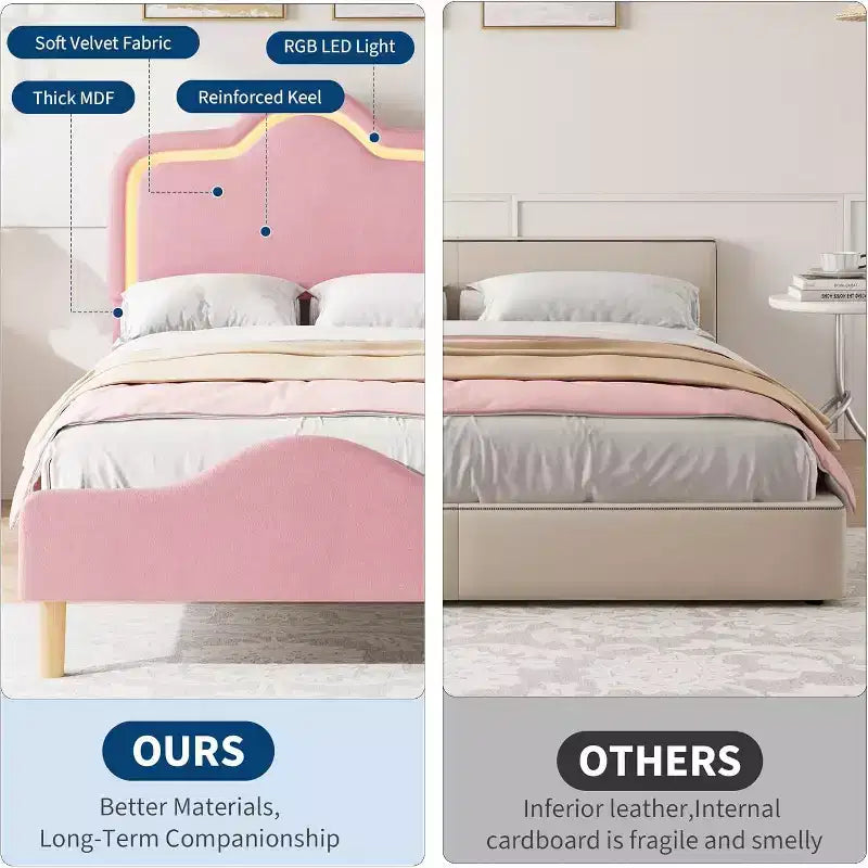 Twin Size Bed Frame withHeadboard and Footboard, Velvet Upholstered Princess Platform Bedframe for Kids/Girls, Pink