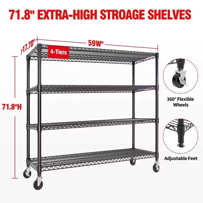5-Tier or 4-Tier Metal Storage Shelves with Wheels, 59 W 3300 LBS Capacity Heavy Duty Adjustable Wire Rack for Garage, Pantry, Kitchen