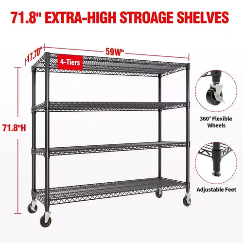 5-Tier or 4-Tier Metal Storage Shelves with Wheels, 59 W 3300 LBS Capacity Heavy Duty Adjustable Wire Rack for Garage, Pantry, Kitchen