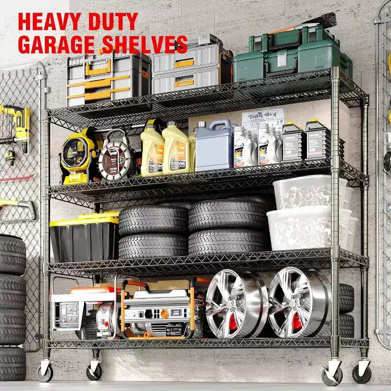 5-Tier or 4-Tier Metal Storage Shelves with Wheels, 59 W 3300 LBS Capacity Heavy Duty Adjustable Wire Rack for Garage, Pantry, Kitchen