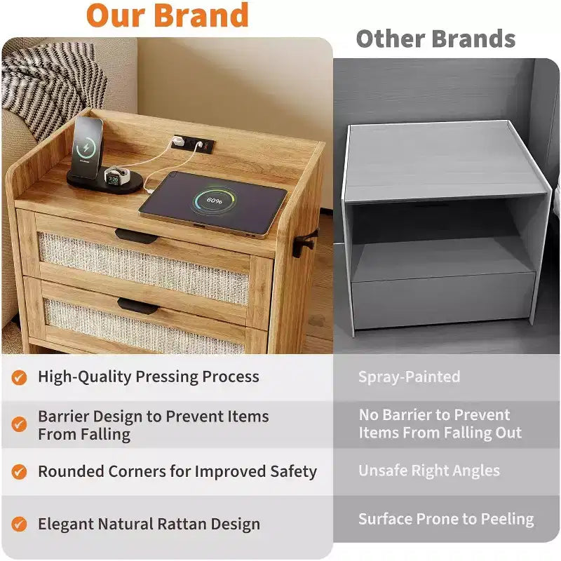Rattan Nightstand Set of 2,Bedside Table with 2 Storage Drawer Space, Boho End Table Side Table for Bedroom Living Room Office
