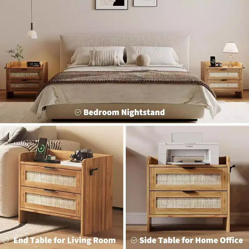 Rattan Nightstand Set of 2,Bedside Table with 2 Storage Drawer Space, Boho End Table Side Table for Bedroom Living Room Office