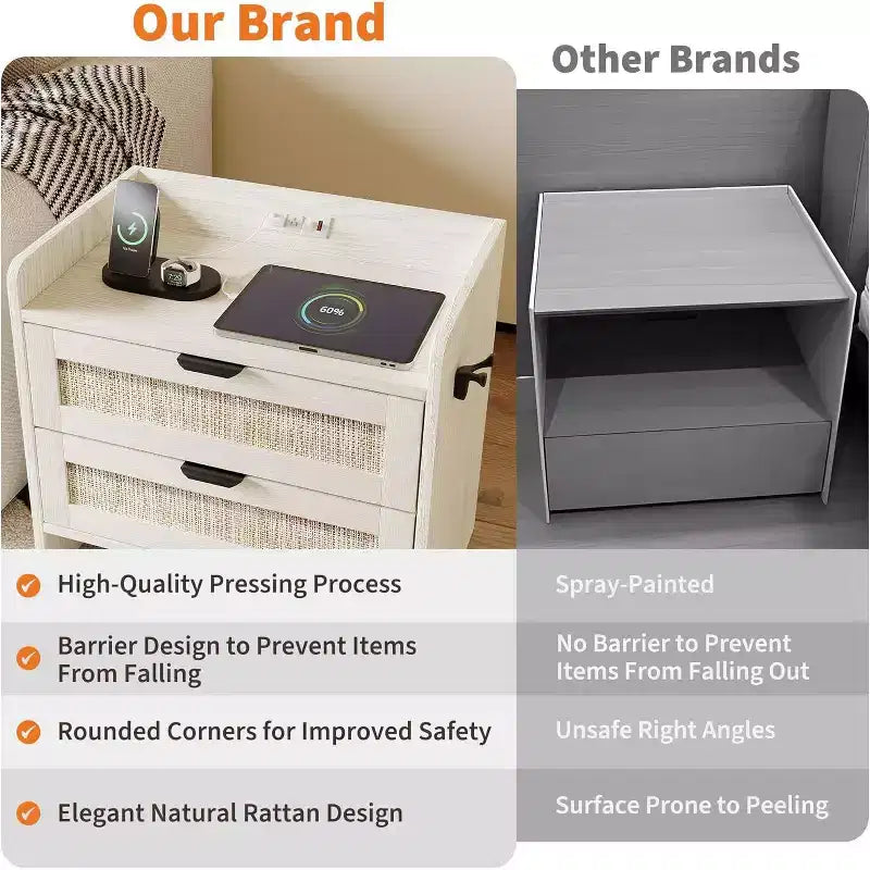 Rattan Nightstand Set of 2,Bedside Table with 2 Storage Drawer Space, Boho End Table Side Table for Bedroom Living Room Office