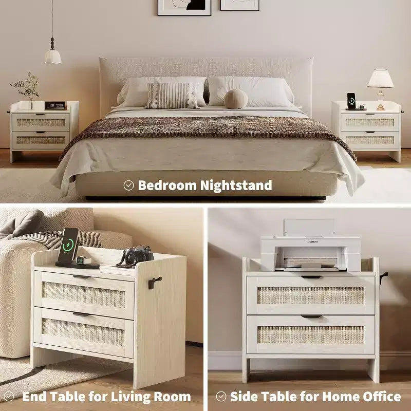 Rattan Nightstand Set of 2,Bedside Table with 2 Storage Drawer Space, Boho End Table Side Table for Bedroom Living Room Office