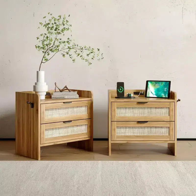 Rattan Nightstand Set of 2,Bedside Table with 2 Storage Drawer Space, Boho End Table Side Table for Bedroom Living Room Office