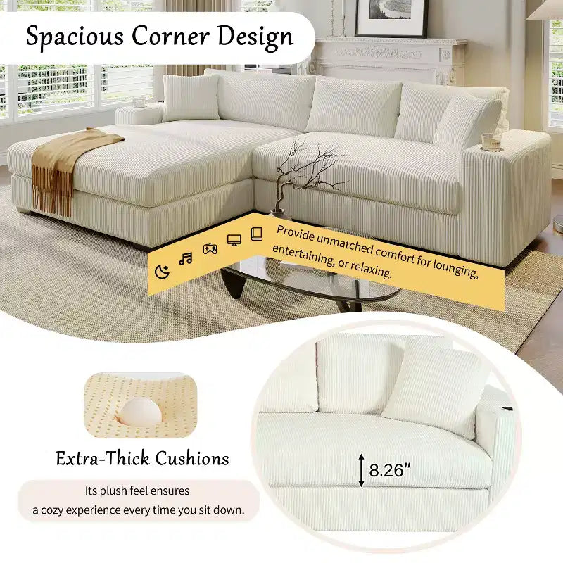 L-Shaped Sectional Sofa Modular Corner Sofa Sleeper Sofa Couch Louge Sofa with Cup Holders & Charging Ports - ModernLuxe