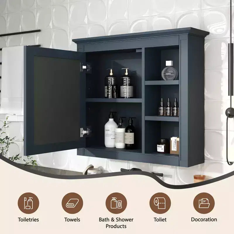 FAMYYT 30 in. W x 28 in. H Rectangular MDF Board Surface Mount Bathroom Medicine Cabinet with Mirror, Open Shelves